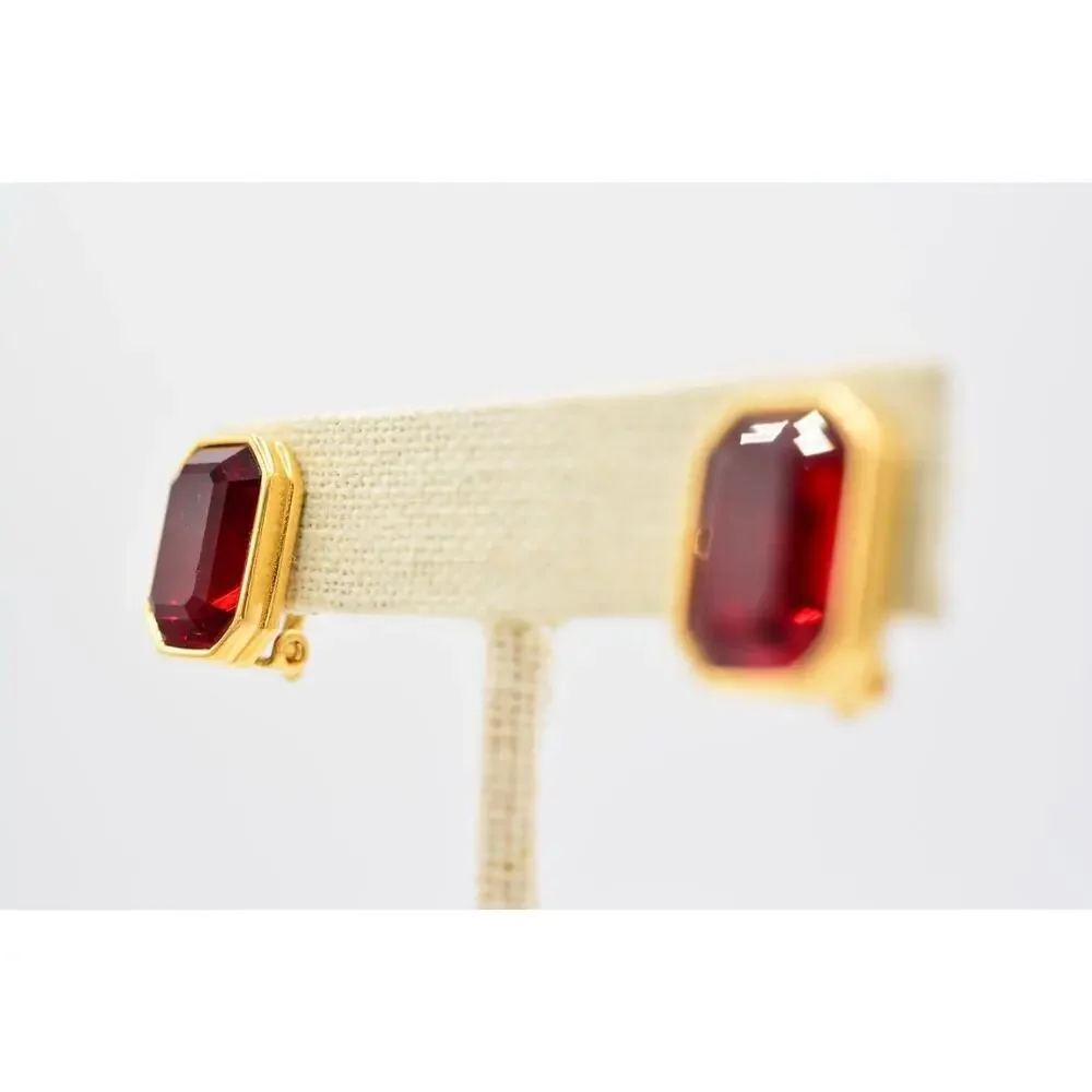Givenchy Vintage Crystal Clip On Earrings Red Baguette Rhinestone Signed BinAG - Picture 3 of 12